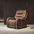 Brown Leather Modern Massage Chair With Floor Lamp And Dark Wooden Wall