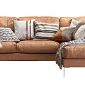 Brown Leather Sectional Sofa With Various Patterned Pillows And Cozy Blankets 3d model