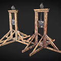 Two Old Fashioned Wooden Guillotine Weapons With Classic Frame And Metal Blades