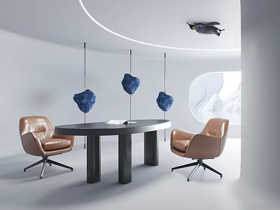 Modern Office Desk Interior With Oval Shaped Design Brown Leather Chairs And Blue Pendant Lights 3d model