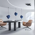 Modern Office Desk Interior With Oval Shaped Design Brown Leather Chairs And Blue Pendant Lights