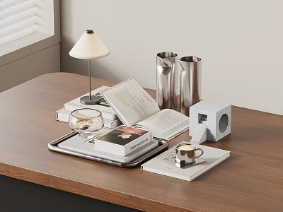 Stylish Decorative Ornament Set with Table Lamp Books Tray and Metal Ornaments on Wooden Table 3d model