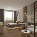 Modern Hotel Guest Room Interior With Comfortable Bed Sofa Decorative Artwork And Warm Lighting