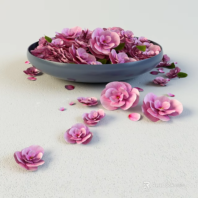 Fresh Pink Flowers in Blue Bowl with Scattered Petals on Light Surface 3d model 