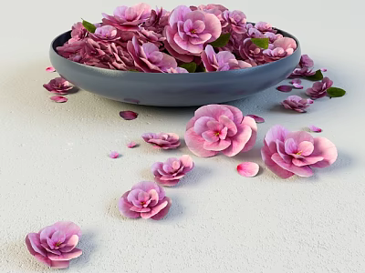 Fresh Pink Flowers in Blue Bowl with Scattered Petals on Light Surface 3d model