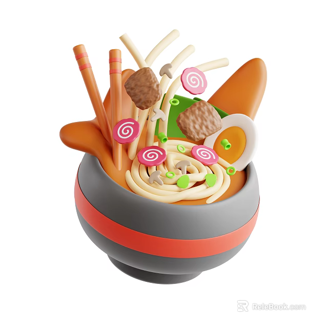 Delicious Ramen Bowl with Boiled Egg Meatballs Mushrooms Noodles in Gray Red Stripe Bowl 3d model 