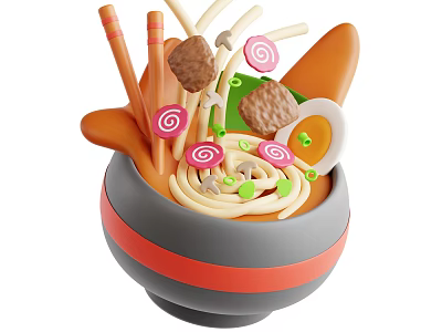 Delicious Ramen Bowl with Boiled Egg Meatballs Mushrooms Noodles in Gray Red Stripe Bowl 3d model