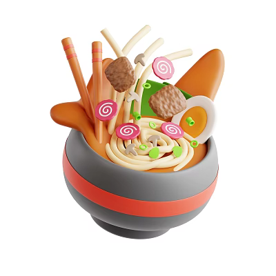 Delicious Ramen Bowl with Boiled Egg Meatballs Mushrooms Noodles in Gray Red Stripe Bowl 3d model