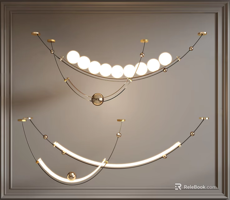 Elegant Modern Curved Chandelier Design With Golden Metal Frame And Circular Light Bulbs 3d model 
