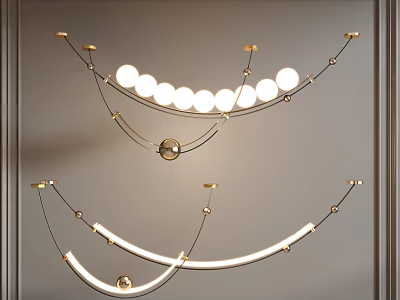 Elegant Modern Curved Chandelier Design With Golden Metal Frame And Circular Light Bulbs 3d model