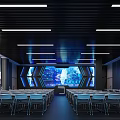 Modern Computer Classroom with Neatly Arranged Desks Chairs Long Strip Ceiling Lights and Wall Posters