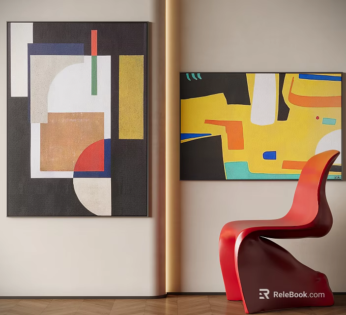 Abstract Paintings With Geometric Shapes And Vibrant Colors On Wall With Red Chair 3d model 