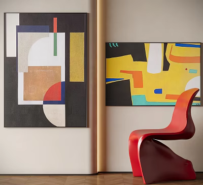 Abstract Paintings With Geometric Shapes And Vibrant Colors On Wall With Red Chair 3d model