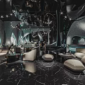Luxurious Modern Sales Office Interior With Curved Design Marble Flooring Sofas Chandeliers And Mirrored Ceiling