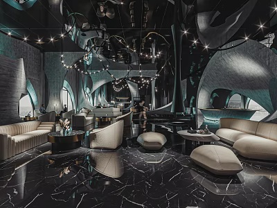 Luxurious Modern Sales Office Interior With Curved Design Marble Flooring Sofas Chandeliers And Mirrored Ceiling 3d model