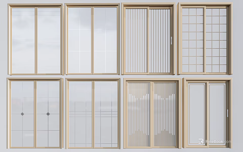 Wooden Frame Sliding Doors With Various Glass Designs And Grid Patterns 3d model