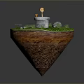 Floating Island With Lush Green Grass Water Well And Wooden Bucket