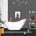 White Freestanding Bathtub with Green Plant Framed Artwork and Shelf in Modern Bathroom
