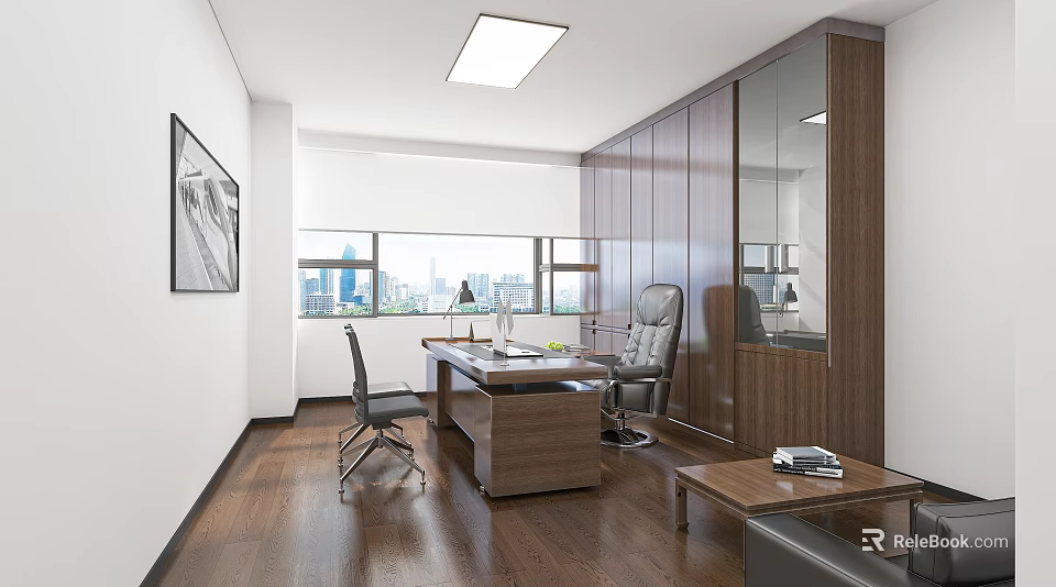 Modern Office Interior Design With Wooden Desk Chair Large Window And City View 3d model 