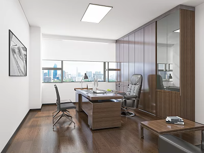 Modern Office Interior Design With Wooden Desk Chair Large Window And City View 3d model