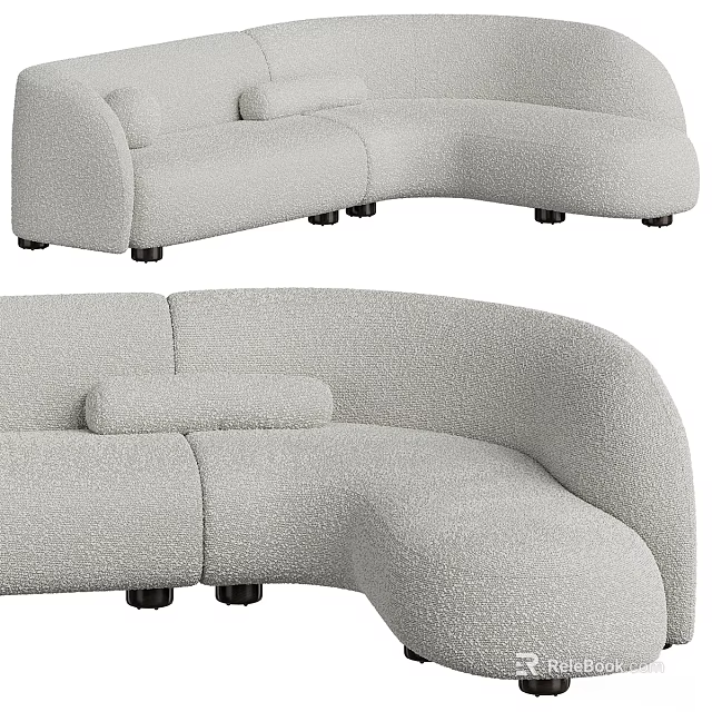 Modern Curved Light Gray Sofa With Plush Fabric And Black Legs 3d model 