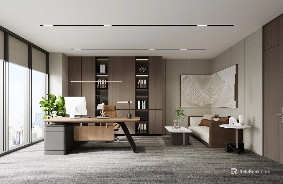 Modern Office Interior With Wooden Desk Bookshelf Sofa Green Plants Large Windows And Minimalist Design 3d model 