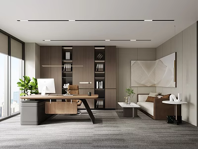 Modern Office Interior With Wooden Desk Bookshelf Sofa Green Plants Large Windows And Minimalist Design 3d model