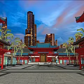 Traditional Red Ancient Building Featuring Blue Roof Against Modern Skyscrapers And Palm Trees