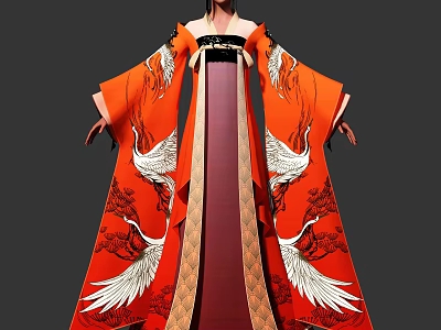 Game Movie Character Wearing Red Robe With White Crane Patterns And Dark Vertical Stripes 3d model
