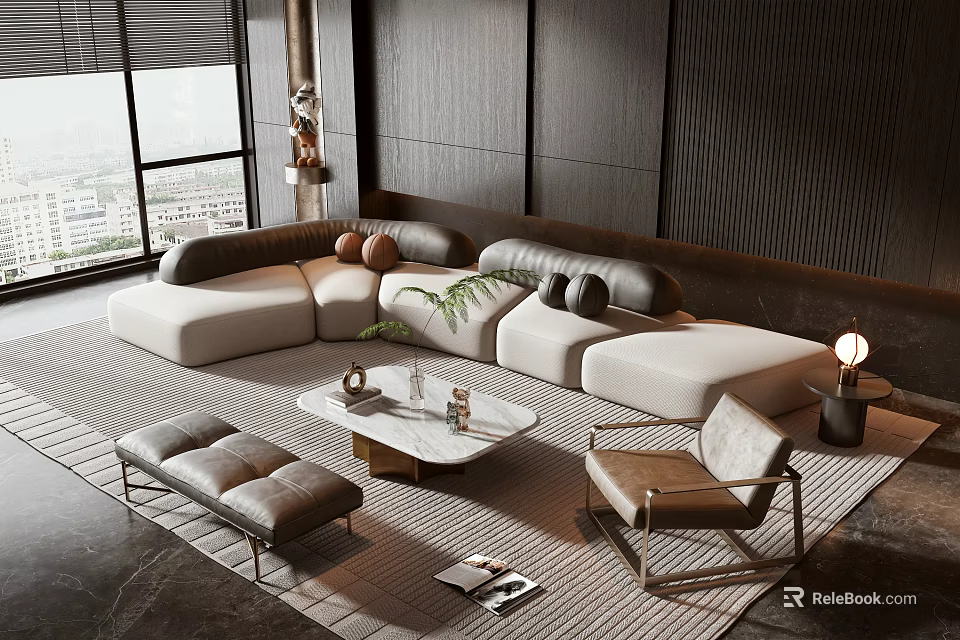 Modern L Shaped Sofa And Coffee Table Set With Marble Top And Accent Chair 3d model 