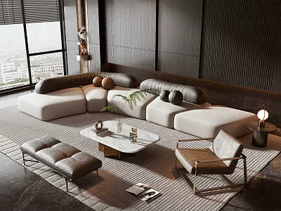 Modern L Shaped Sofa And Coffee Table Set With Marble Top And Accent Chair 3d model