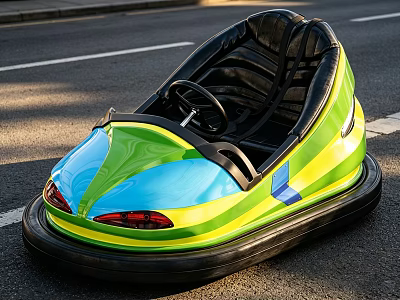 Colorful Bumper Car With Green Blue Yellow Stripes Black Seats On Outdoor Road 3d model