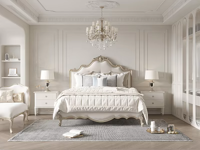 Elegant Bedroom Interior Design With Carved Headboard Crystal Chandelier Nightstands Table Lamps Armchair And Rug 3d model