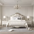 Elegant Bedroom Interior Design With Carved Headboard Crystal Chandelier Nightstands Table Lamps Armchair And Rug