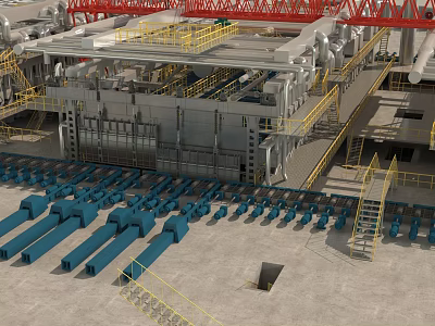 Industrial Equipment Facility With Large Machinery Pipe Systems Yellow Railings Blue Components And Red Crane 3d model