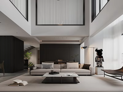 Modern Loft Living Room Interior With Tall Windows And Comfortable Sofa 3d model