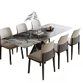 Modern Rectangular Dining Table Set With Marble Top Six Light Chairs Green Plant Decor 3d model