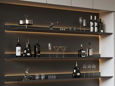 Elegant Modern Wine Cabinet With LED Lighting Shelves Holding Wine Bottles And Glasses 3d model