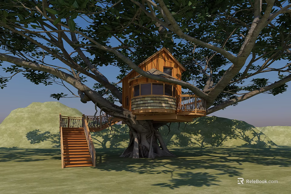 Wooden Tree House With Balcony And Stairs On Green Grass Hills 3d model 
