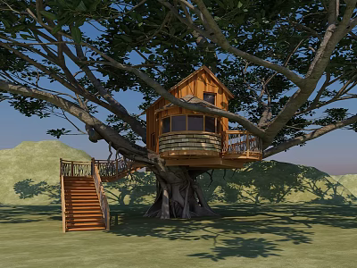 Wooden Tree House With Balcony And Stairs On Green Grass Hills 3d model
