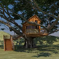 Wooden Tree House With Balcony And Stairs On Green Grass Hills