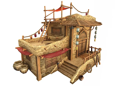 Traditional Earthen House Design With Red Awnings Wooden Ladder And Hanging Lanterns 3d model