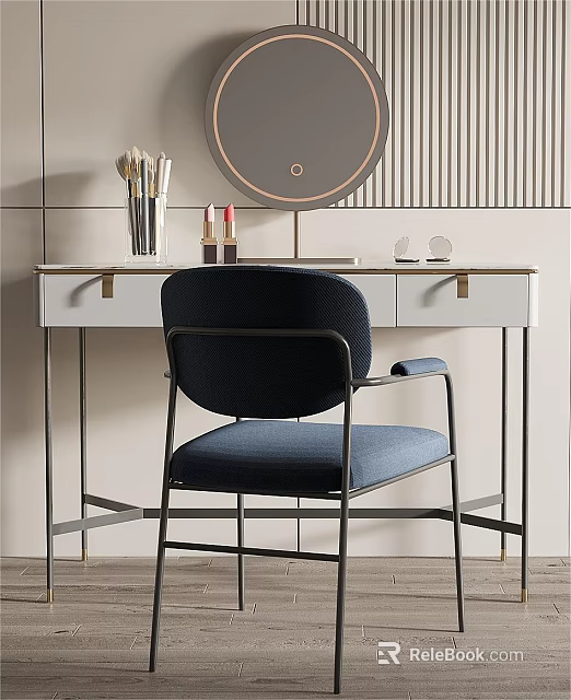 Modern Elegant Vanity Table With Round Mirror Makeup Brushes Lipsticks Blue Chair And Drawers 3d model 