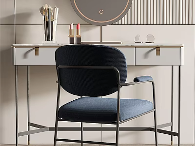 Modern Elegant Vanity Table With Round Mirror Makeup Brushes Lipsticks Blue Chair And Drawers 3d model