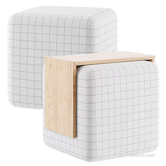 Modern Square Upholstered Stools With Grid Pattern And Light Wooden Frame 3d model 