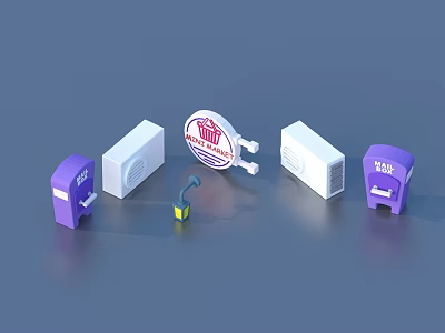 Setup of Purple and White Devices with Central Circular Logo and Yellow Accessory 3d model