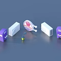 Setup of Purple and White Devices with Central Circular Logo and Yellow Accessory
