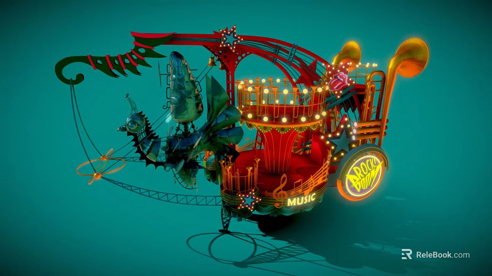 Vintage Circus Bandwagon With Music Lights Red Gold Decorations And Mechanical Elements 3d model 