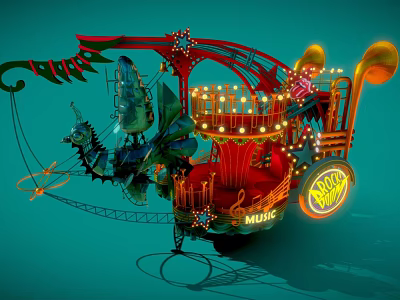 Vintage Circus Bandwagon With Music Lights Red Gold Decorations And Mechanical Elements 3d model
