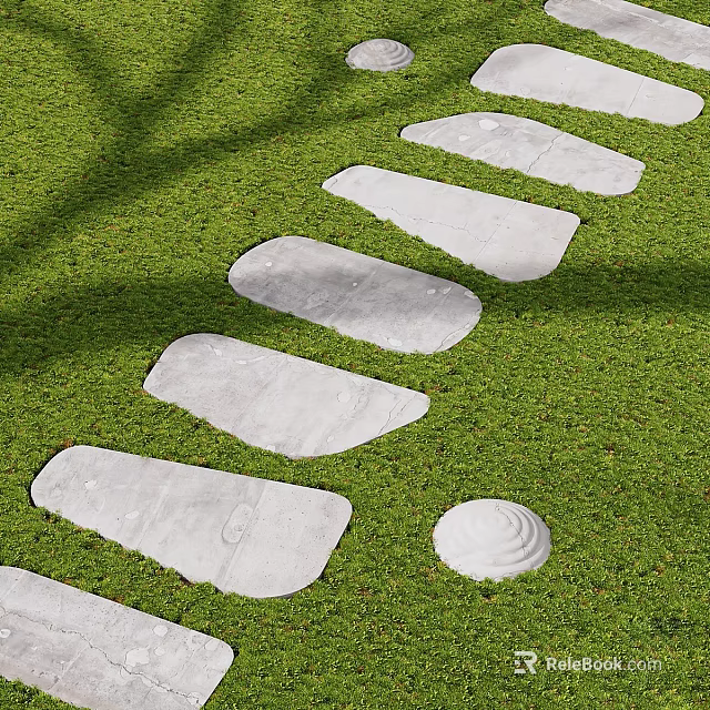 Lush Green Ground Cover Lawn With Stone Stepping Stones Path And Decorative Shell 3d model 